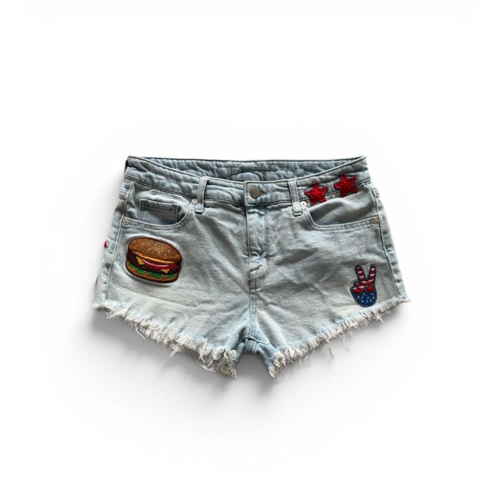 Mossimo Denim Cut Off Frayed Shorts Embroidered Burger '76 Star Patches Size 6